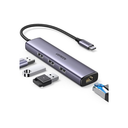 Мультифункциональный адаптер, Ugreen, CM475/60600, 3*USB3.0A, 1*RJ45, Алюминий, Серый